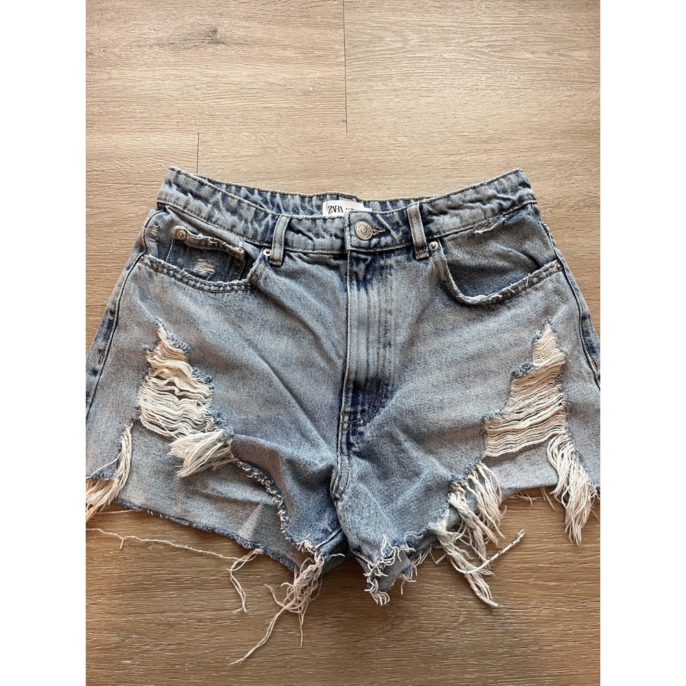 Zara Cut Off Shorts Womens 6 Blue Denim Mid Rise Ripped Detail Frayed Hem Casual